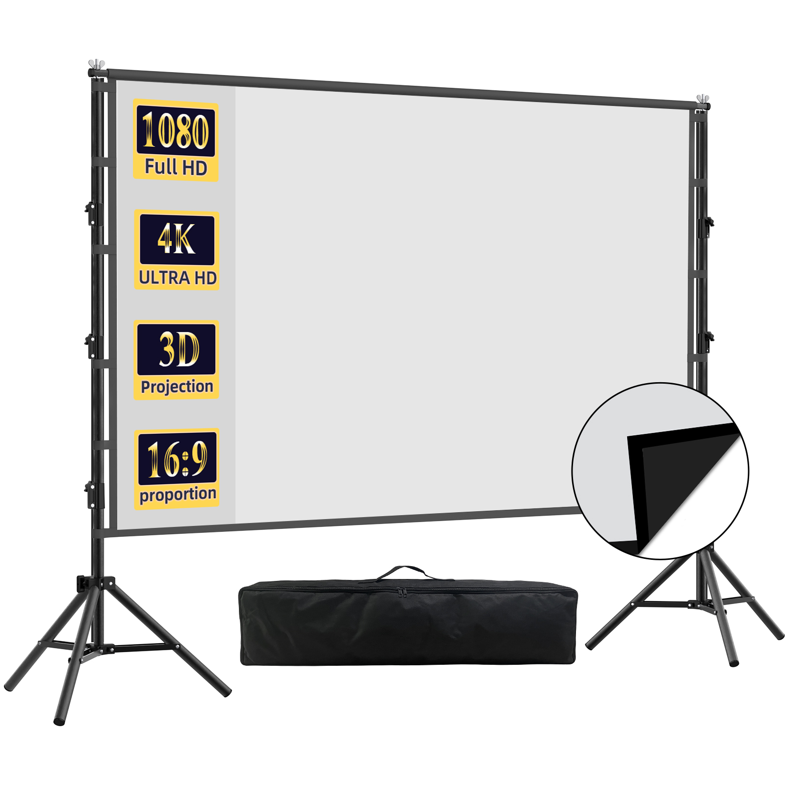Home Cinema Blanc - VEIDADZ 投影スクリーン スタンド付き、黒色背景、しわになりにくい、60-150インチ、ホームシアターや屋外での使用に最適